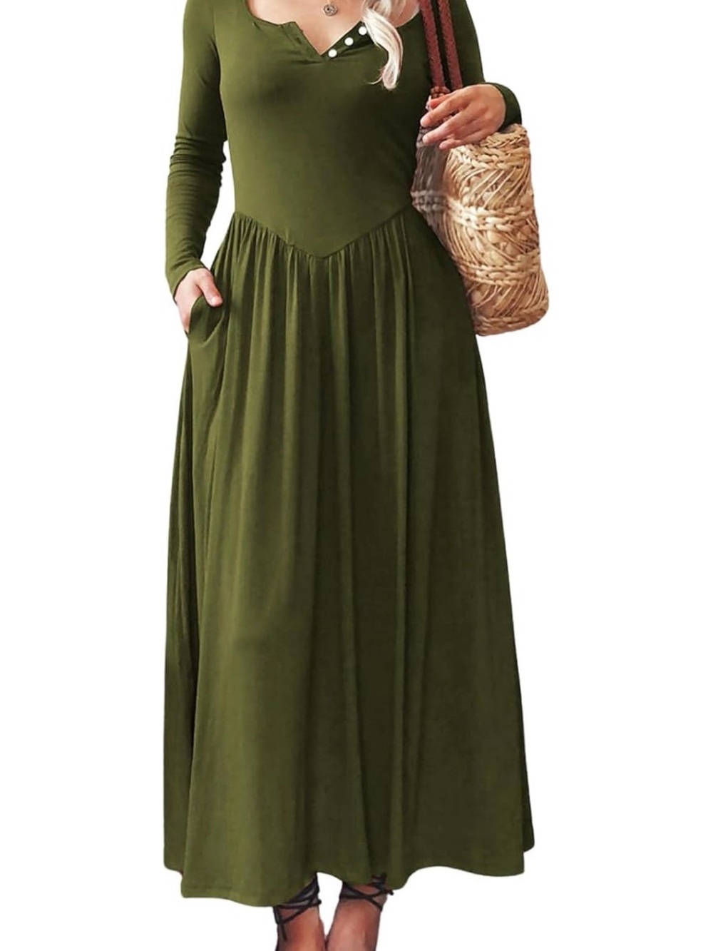 Olive Green Long Sleeve Maxi Dress with Pockets